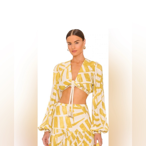 house of harlow 1960 Long Sleeve Linen Crop Top With Tiered Maxi Skirt Set Sz S - Picture 2 of 16